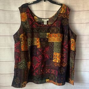 Roaman's Multi-Color Mosaic Tiled Tank Top Floral Matte Satin Blouse Size 26W
